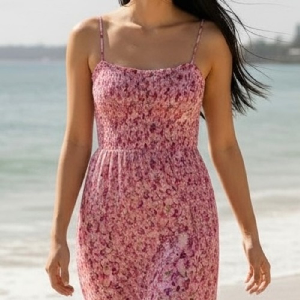 Moda Intl Pink Floral Spaghetti‎ Strap Sundress Gathered Bust Mini Dress Sz XS/S